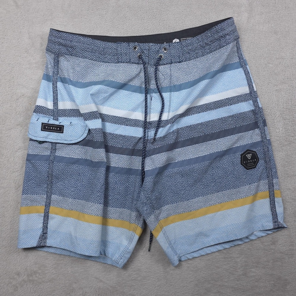 Vissla Board Shorts Mens 32 Blue Striped Quick Dry Surf Beach Swim Pockets